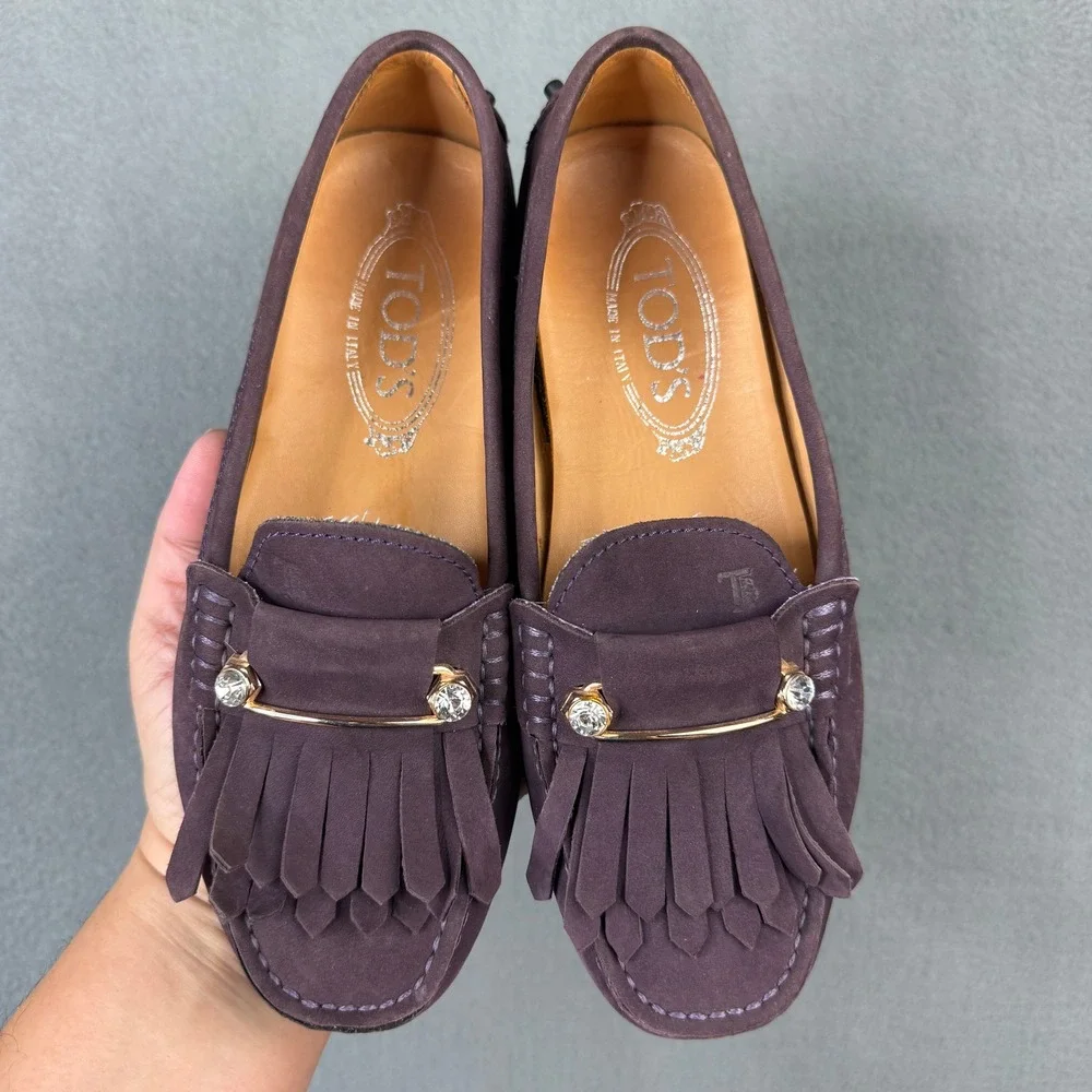 Tods Gommino Purple Suede Kiltie Fringe Crystal Driving Moccasins Size 36 Italy